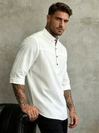 Summer Retro Stand Collar Three-Quarter Sleeve Shirt Men'S Casual Thin Solid Color Henley Collar Mid-Length Shirt - 10225-1899 White