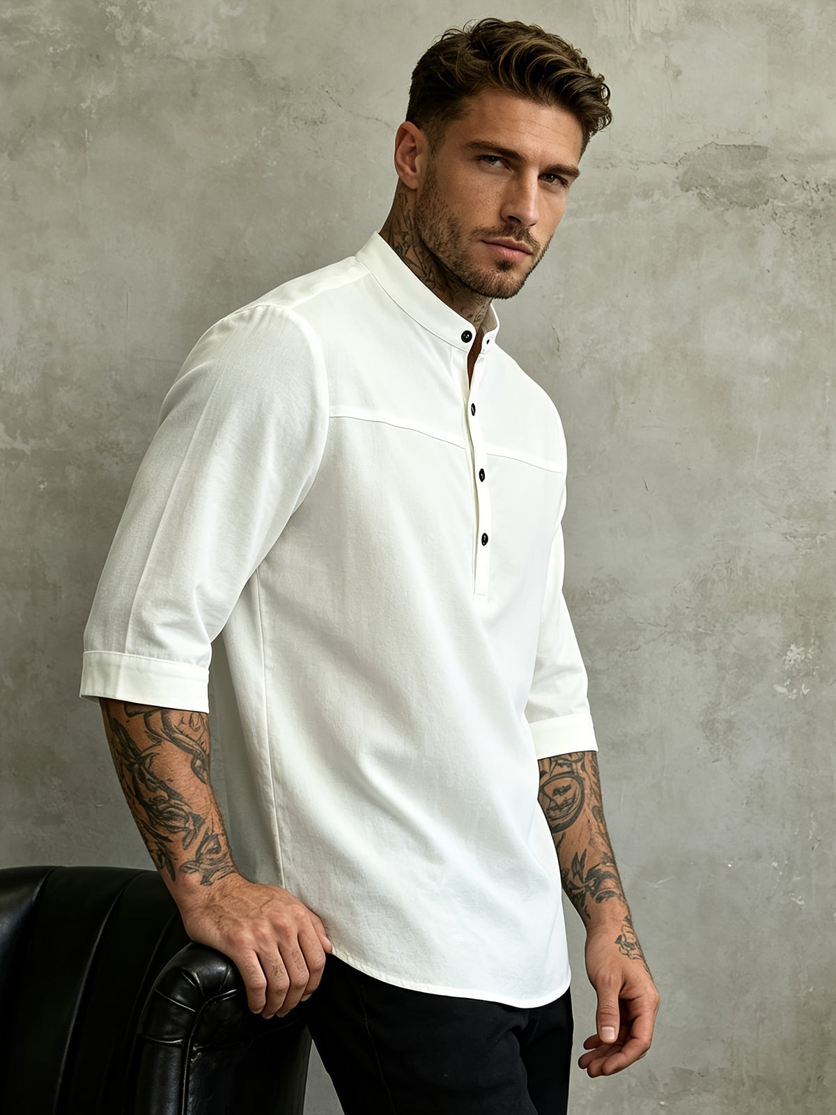 Summer Retro Stand Collar Three-Quarter Sleeve Shirt Men'S Casual Thin Solid Color Henley Collar Mid-Length Shirt - 10225-1899 White