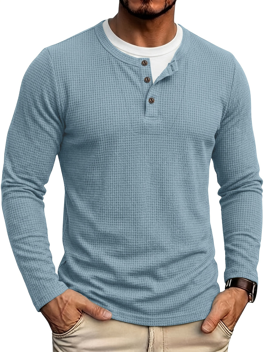 Autumn/Winter Cross-Border Men's Long Sleeve Crew Neck 2-in-1 Look Henley Shirt European and American Men's Pullover Base Layer T-shirt - Light Blue