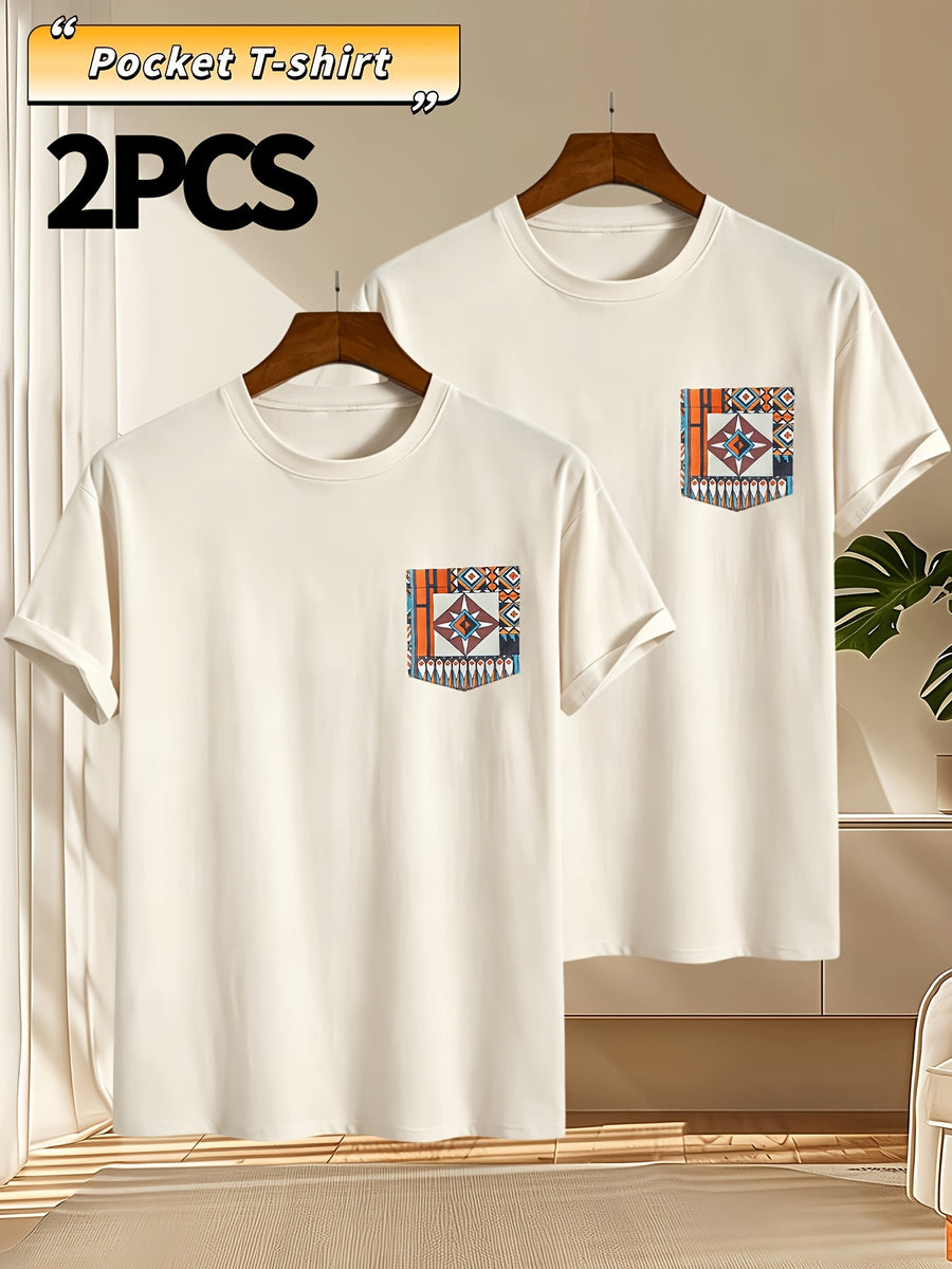 2pcs Men's Round Neck Pocket Short-Sleeve T-Shirt, Suitable for Summer Outdoor Casual Wear, Versatile Casual Knit Top, Men's Casual Pocket Design Sport T-Shirt - Apricot