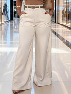 Navy Suit Wide-Leg Pants High Waist Drape Commute OL Style Loose Floor-Length Trousers (No Belt) - Milky