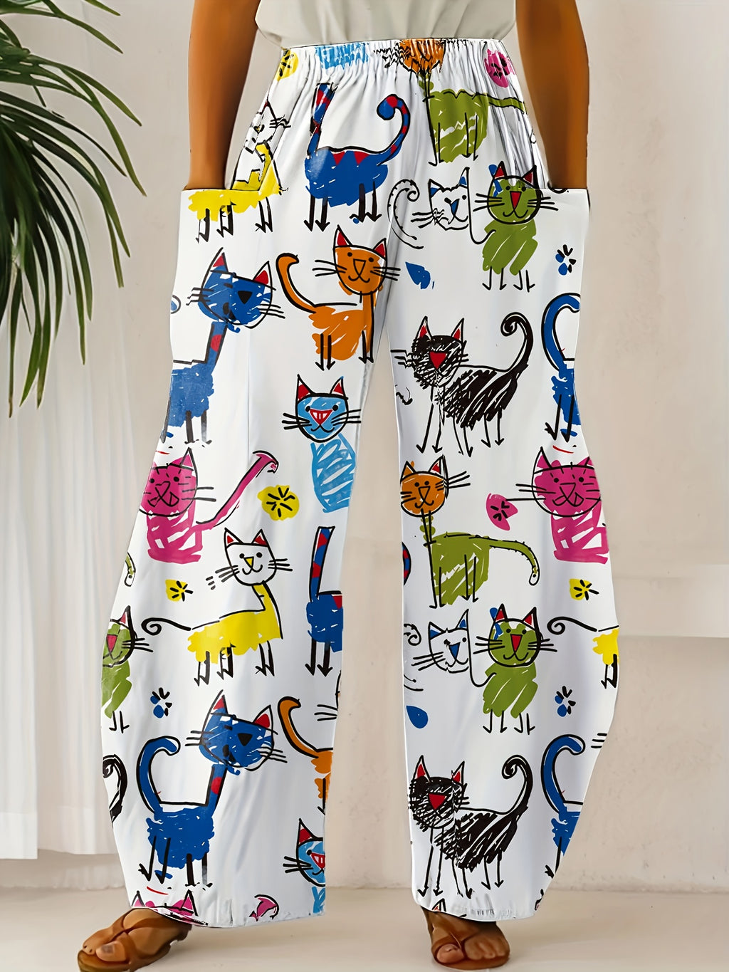 Women'S Colorful Cat Art Digital Print Wide-Leg Pants, Featuring a Casual And Fun High-Waisted Design Suitable for Everyday Wear, Perfect for All Seasons And Machine Washable - White