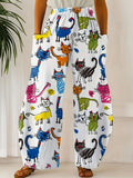 Women'S Colorful Cat Art Digital Print Wide-Leg Pants, Featuring a Casual And Fun High-Waisted Design Suitable for Everyday Wear, Perfect for All Seasons And Machine Washable - White