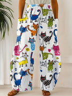 Women'S Colorful Cat Art Digital Print Wide-Leg Pants, Featuring a Casual And Fun High-Waisted Design Suitable for Everyday Wear, Perfect for All Seasons And Machine Washable - White