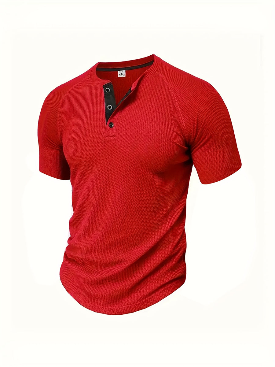 (Set of 3) Men'S Loose-Fitting Solid Color Henley Short-Sleeve, Round Neck Half-Button T-Shirt, Suitable for Outdoor Activities in Spring And Summer. - Red Lake Blue Navy