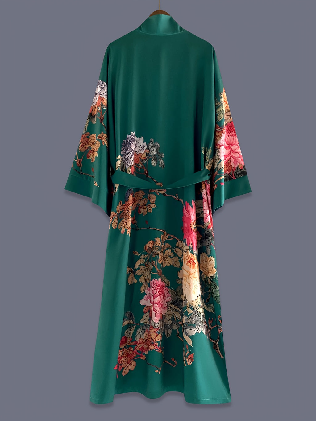 Japanese-style Rose Print Mid-length Three-quarter Sleeve Kimono Cardigan, Lightweight Outerwear for Women, Elegant European and American Ethnic-inspired Streetwear Casual Cover-up, Beach Vacation Travel Uchikake-style Thin Cape Coat, Home Yukata - Malachite Green