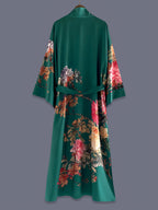 Japanese-style Rose Print Mid-length Three-quarter Sleeve Kimono Cardigan, Lightweight Outerwear for Women, Elegant European and American Ethnic-inspired Streetwear Casual Cover-up, Beach Vacation Travel Uchikake-style Thin Cape Coat, Home Yukata - Malachite Green