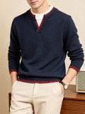Men'S Faux Two-Piece V-Neck Contrast Stripe Knit Sweater, British Retro, Light Business Casual, Mature And Premium Colors - SINBOS - Navy Color