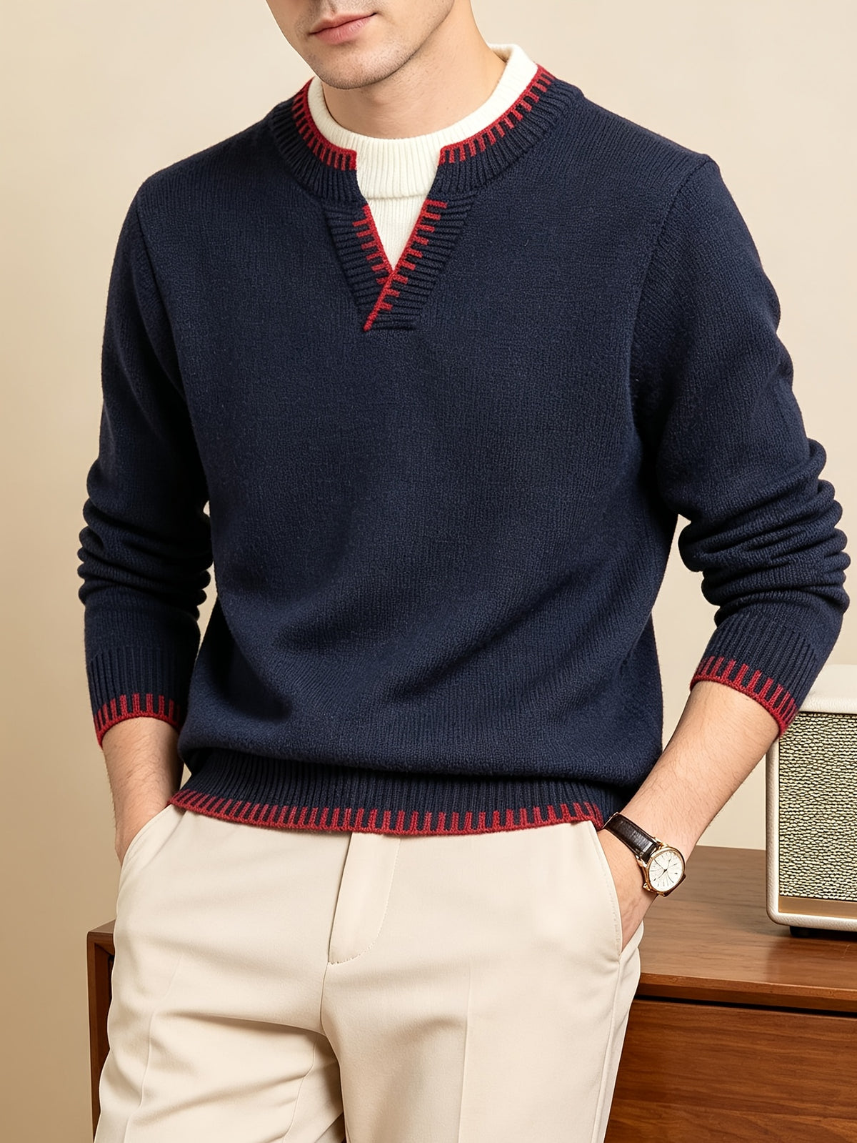 Men'S Faux Two-Piece V-Neck Contrast Stripe Knit Sweater, British Retro, Light Business Casual, Mature And Premium Colors - SINBOS - Navy Color