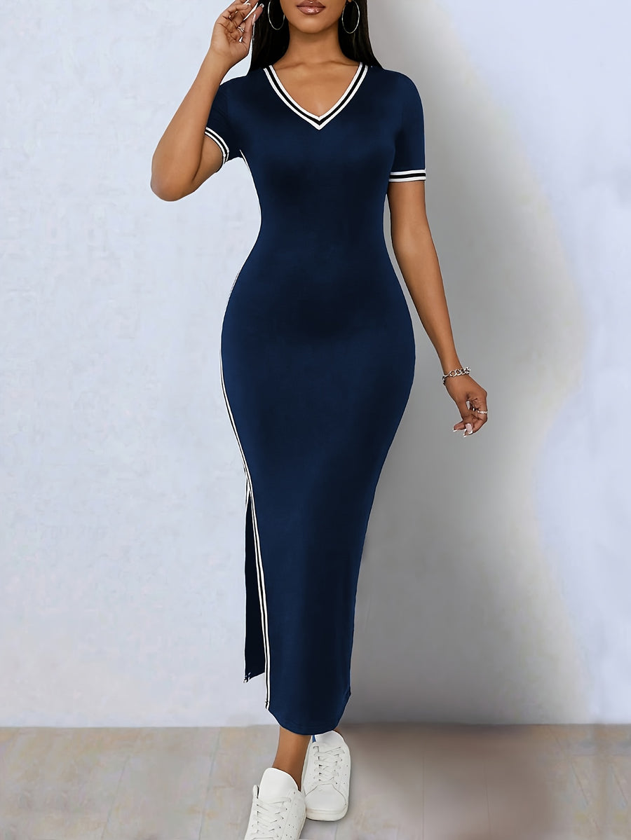 Elegant Color-blocked Stretch Bodycon Asymmetrical Hem Slit V-neck Short Sleeve Dress - Navy Color