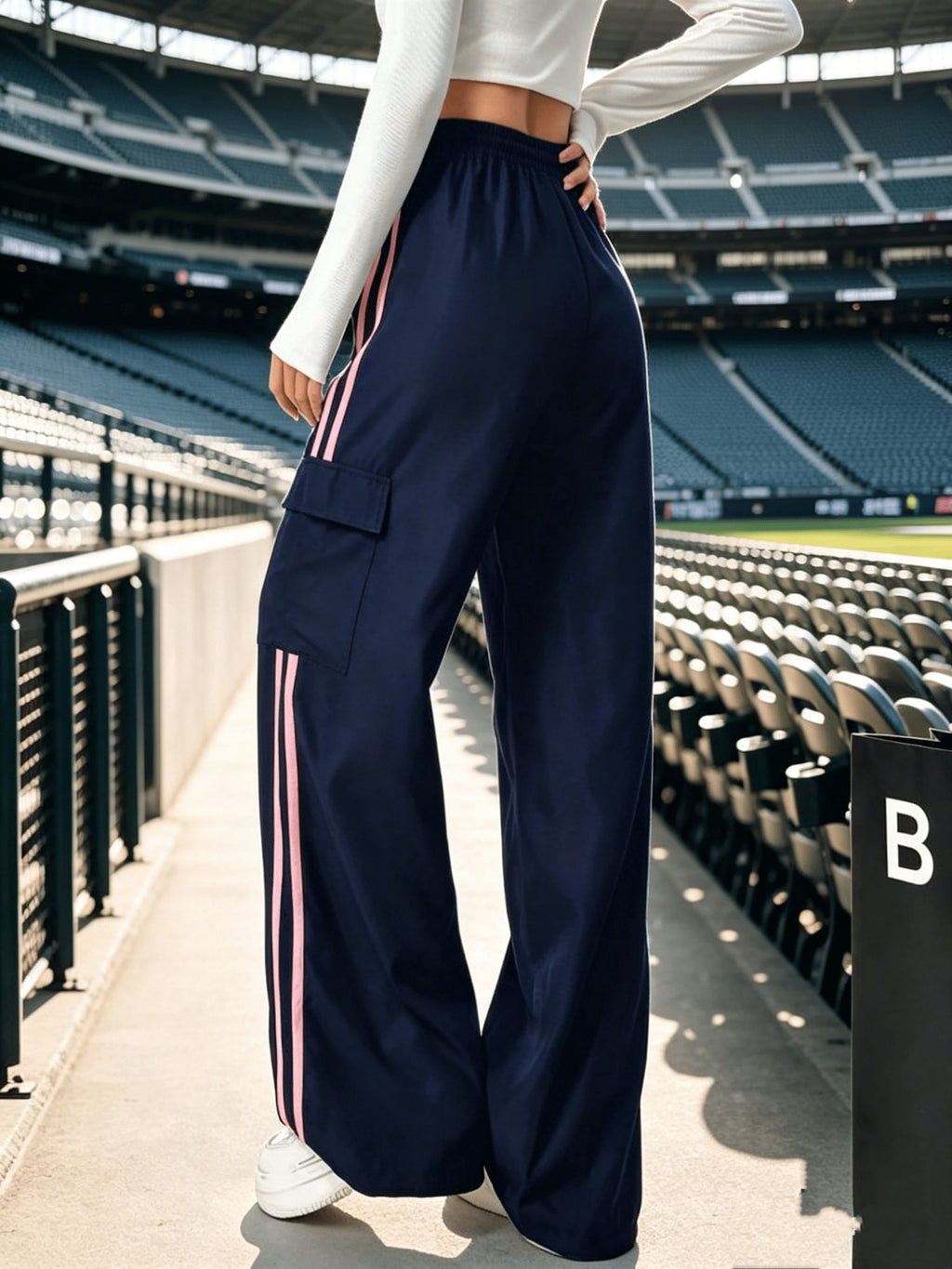 All-Season Contrast High-Waist Casual Women'S Trousers with Pockets, Straight Loose Style, Versatile Cargo Athletic Long Pants - Navy Color