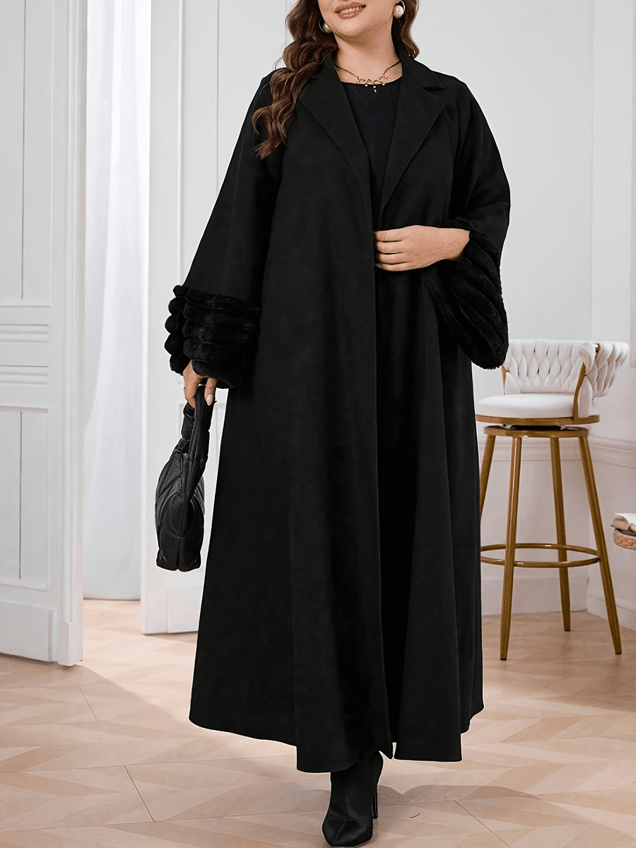 Plus Size Plush Patchwork Loose Women'S Robe, Elegant Open Front Gown, Suitable for Casual Wear - Black