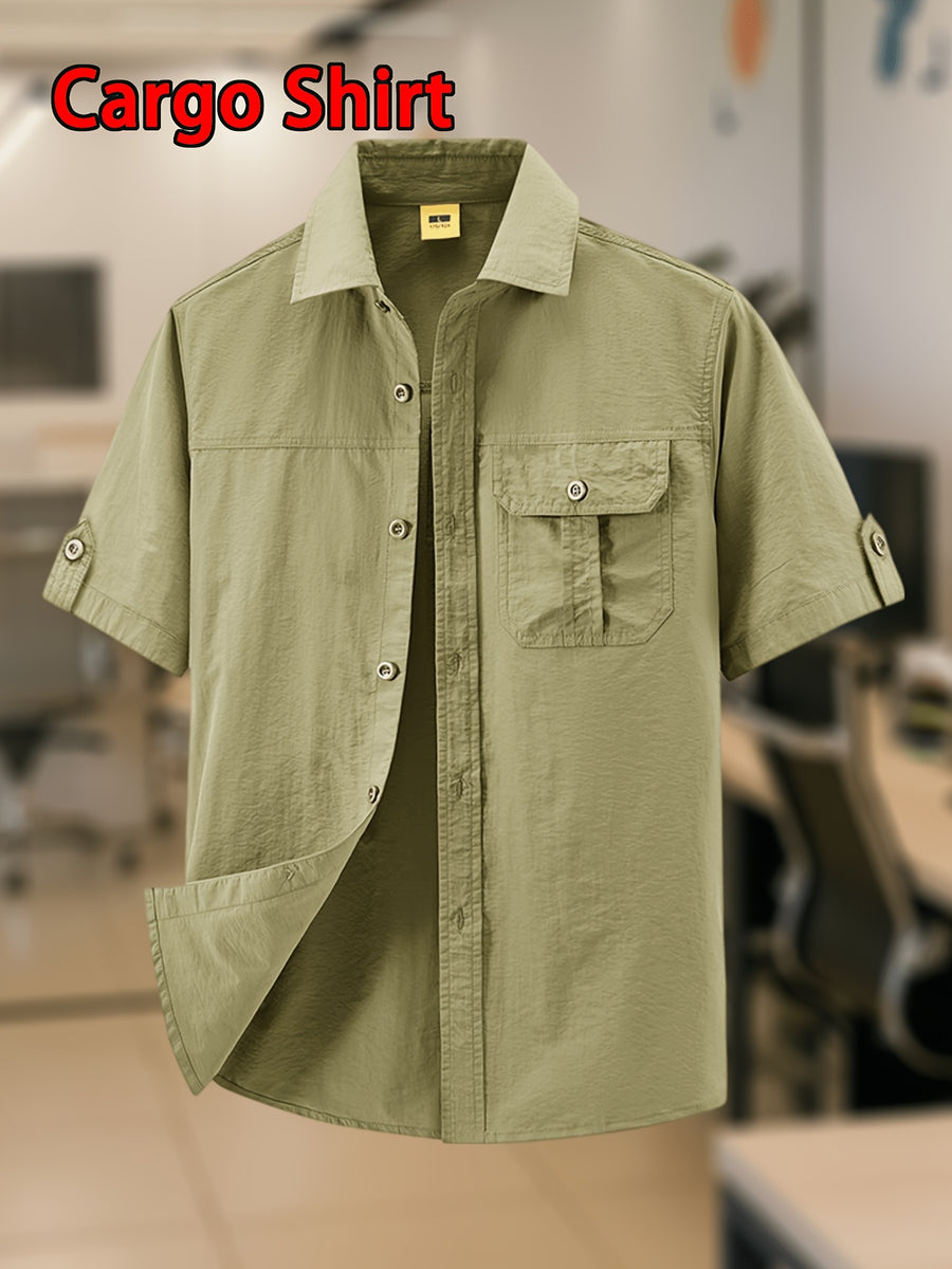 Men'S Vintage Light Utility Short Sleeve Shirt, Classic Lapel Metal Buttons, Skin-Friendly Breathable Fabric for Fresh Comfort, Casual Commute Streetwear Outdoor Leisure Versatile Single Layer Basic Top - Khaki