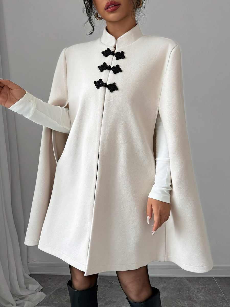 Elegant and Graceful Stand-up Collar Contrasting Color Chinese Style Button Cape Shawl Ladies Autumn and Winter Thick Coat - Apricot