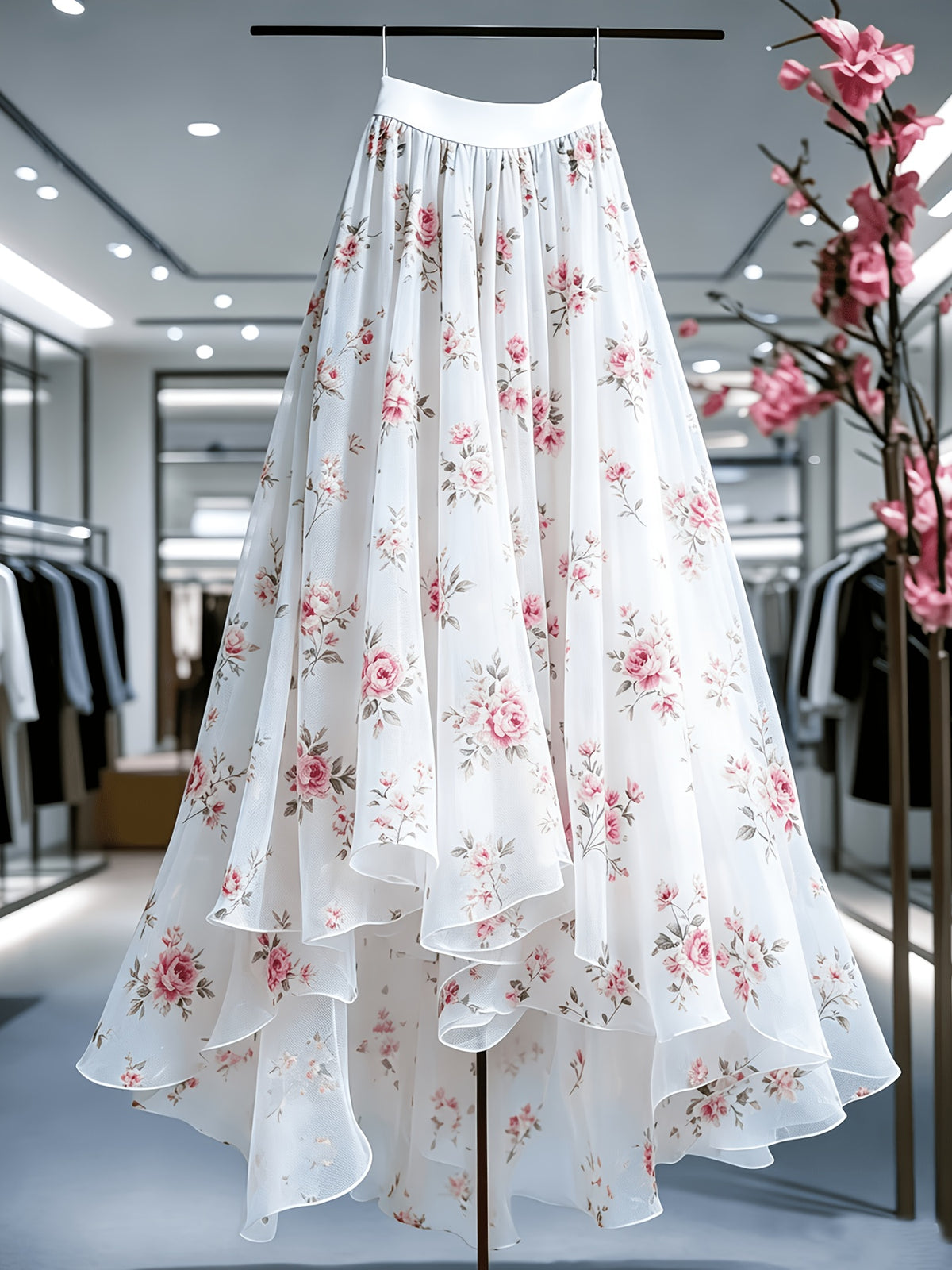 Women's Elegant Asymmetrical Flared Skirt with Irregular Hem & Mesh Floral Print - Non-Sheer Suitable for Banquets, Dates, Vacation Outfits, Machine Washable -Fit Skirt for Parties, Weddings, Casual Attire - White