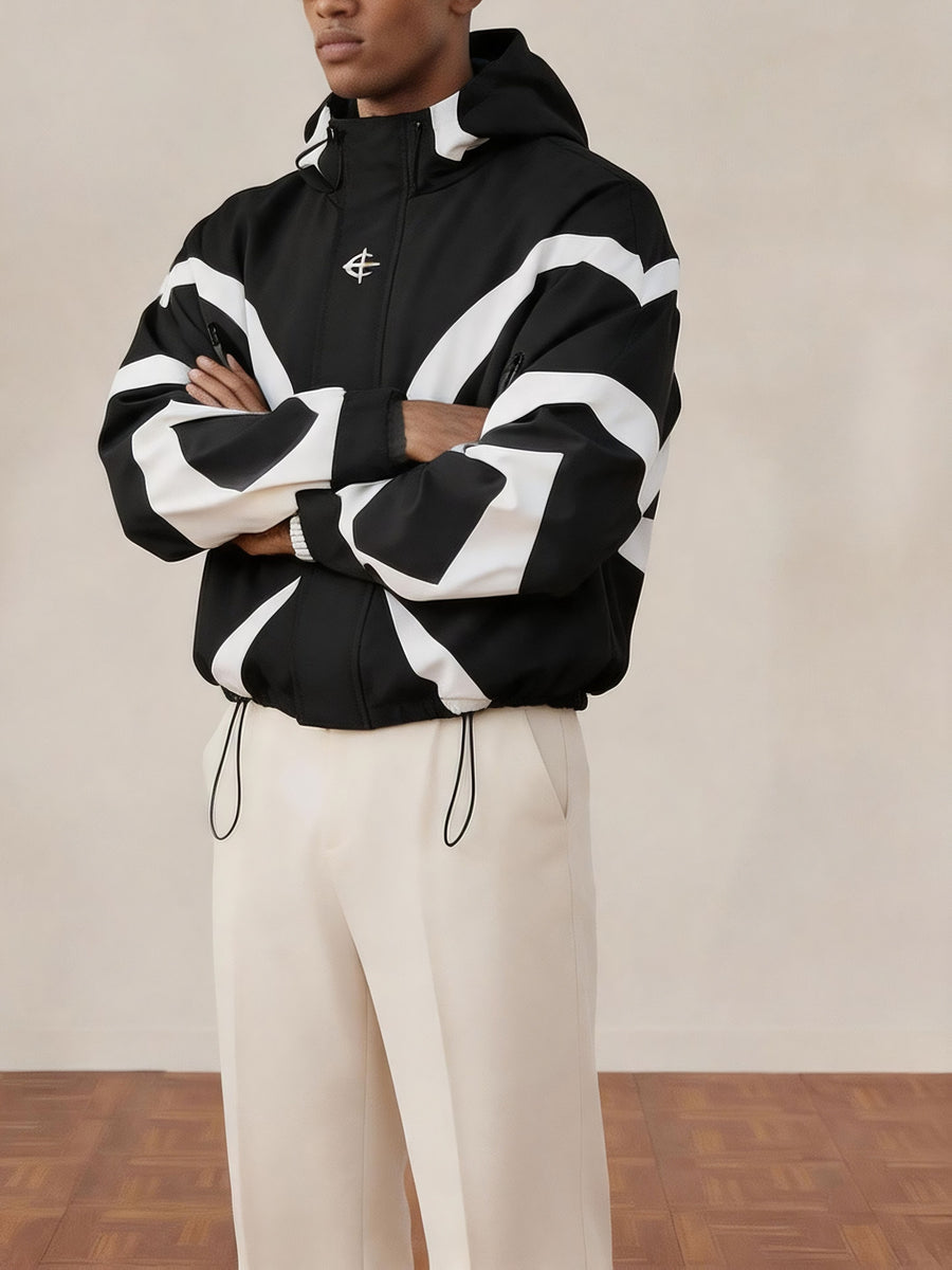 Men'S Contrast Color Hooded Jacket with Drawstring Hem, Elastic Cuffs, Outdoor Casual Sports Coat Suitable for Spring/Autumn Outfits, Parties, And Gifts for Boyfriend/Husband - Black And White