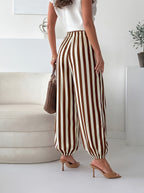 Women' Elegant Striped Tapered Wide- Pants - Cuffed Ankle & Long Length Trousers Suitable for Spring Summer Fall, Striped Trousers for, Semi-Formal & Casual Attire, Machine Washable Non-Stretch Pants - Coffee Bar