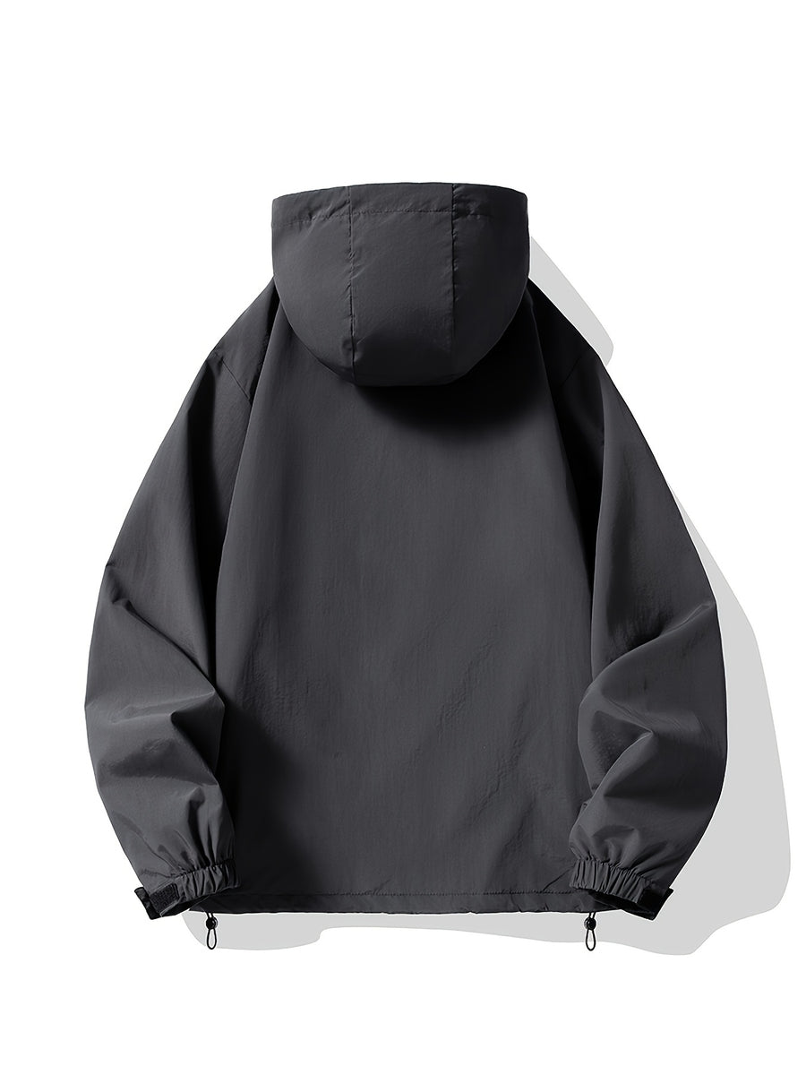 Men's Spring/Autumn Hooded Windbreaker Jacket, Loose Fit Plus Size Trendy Versatile Half-Zip Casual Workwear Jacket, Fashionable Thin Half-Zip Outerwear Suitable for Outdoor Sports, Travel, Hiking, and Adventure Wear - Dark Gray