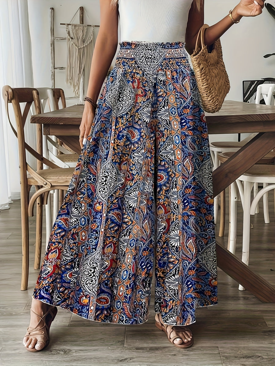 Women's Paisley Print High-Waisted Wide-Leg Pants, Elegant Non-Stretch Fabric + Dense Hem Gathering Craftsmanship, Loose Fit for Spring, Summer, and Autumn, Paisley Print Wide-Leg Pants with Hip-Covering Effect, Ideal for Vacation Photoshoots - Navy Color