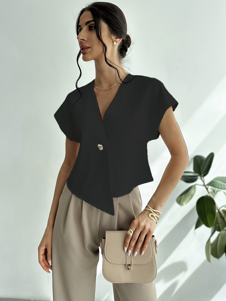 Elegant Middle Eastern-Inspired Women's V-Neck Button-Front Blouse - Lightweight Machine-Washable Solid Color Shirt for Summer Commuting, Music Festivals & Casual Outings - Elegant Collection, Versatile Top, Minimalist Design, Breathable Fabric, Stylish - Black