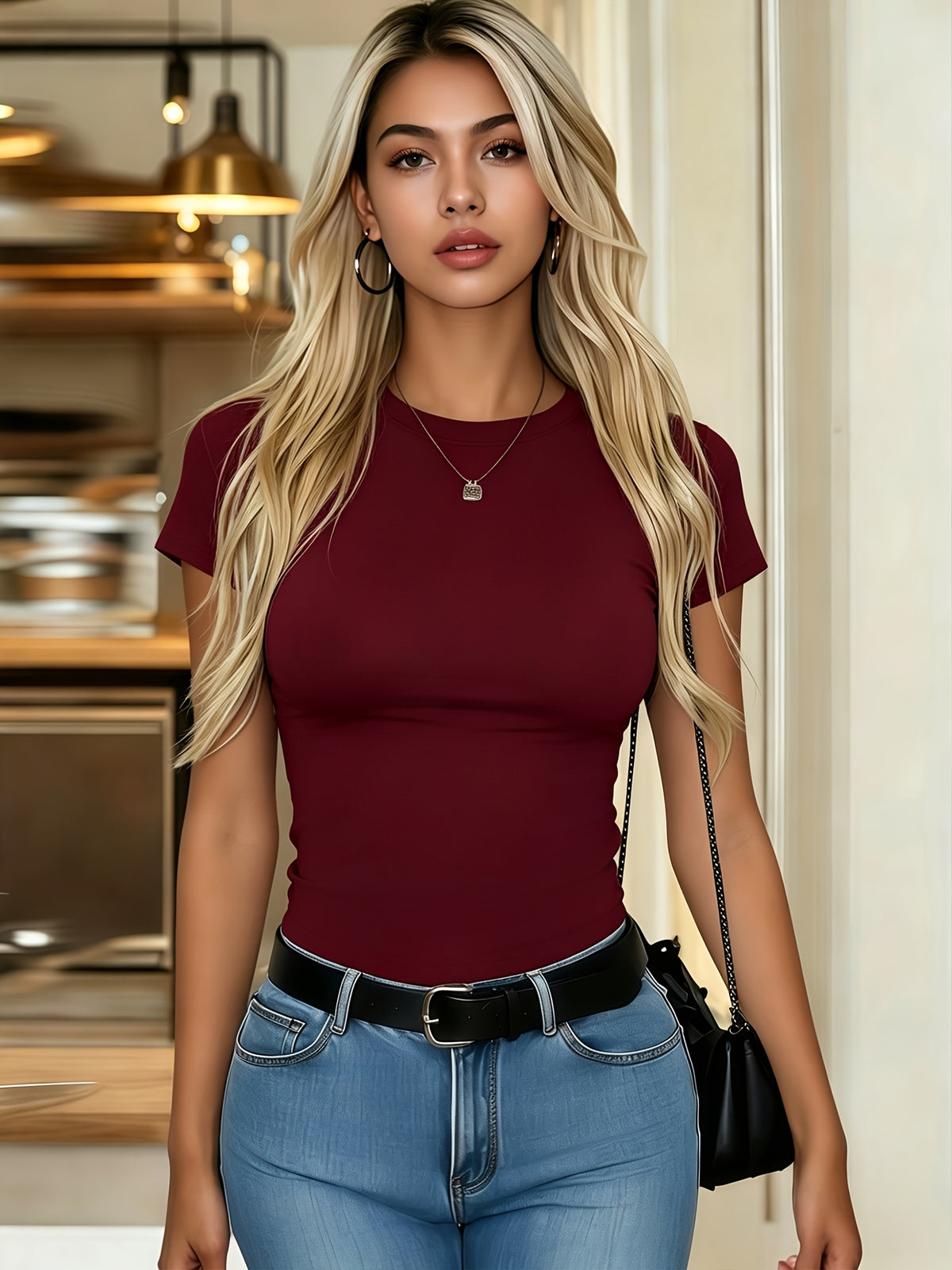 2pcs Set Women'S Elegant Solid Short Sleeve Slim Fit Basic T-Shirts - Casual Fashion Versatile, Classic Round Neck Design, All-Season Pullover Top, Comfortable Stretch Fabric, Slim Fit Style, Machine Washable - Navy Blue+Brick Red