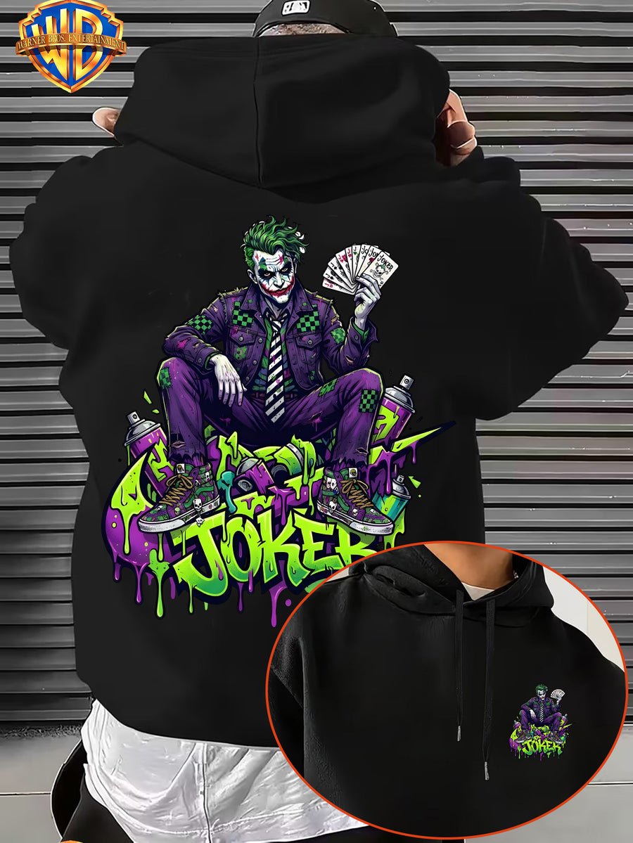 Warner Bros. JOKER Purple-Green Color Block Graffiti Art Font Spray-Painted Background Plaid Workwear Style Sneakers with Paint Drip Cool Print Men's Fashion Hooded Sweatshirt, Sleeve Print Design, Kangaroo Pocket, Drawstring Hood, Suitable for Daily - Black