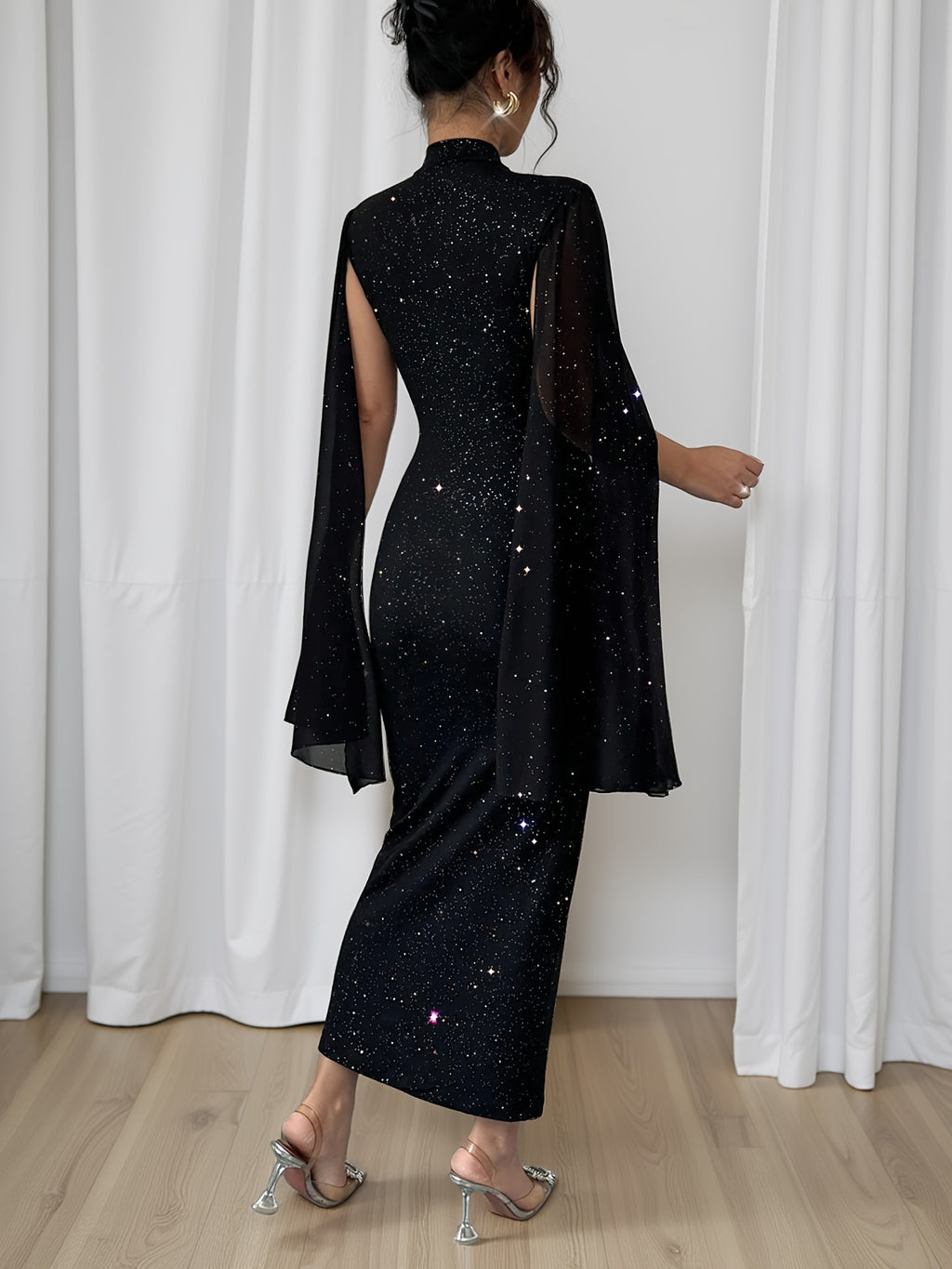 Women's Elegant Slim-Fit Shining Patchwork Dress with Starry Sky Print & Slit Sleeves - Mid-Length Pencil Dress, Stand Collar, Machine Washable for Weddings, Parties, Business Events - Year-Round Wear - Black