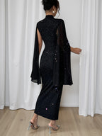Women's Elegant Slim-Fit Shining Patchwork Dress with Starry Sky Print & Slit Sleeves - Mid-Length Pencil Dress, Stand Collar, Machine Washable for Weddings, Parties, Business Events - Year-Round Wear - Black