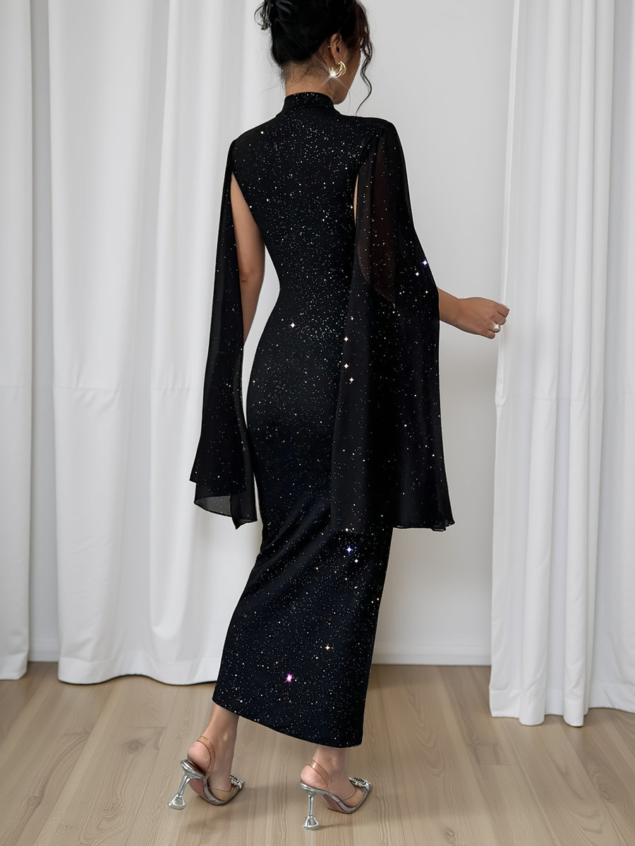 Women's Elegant Slim-Fit Shining Patchwork Dress with Starry Sky Print & Slit Sleeves - Mid-Length Pencil Dress, Stand Collar, Machine Washable for Weddings, Parties, Business Events - Year-Round Wear - Black