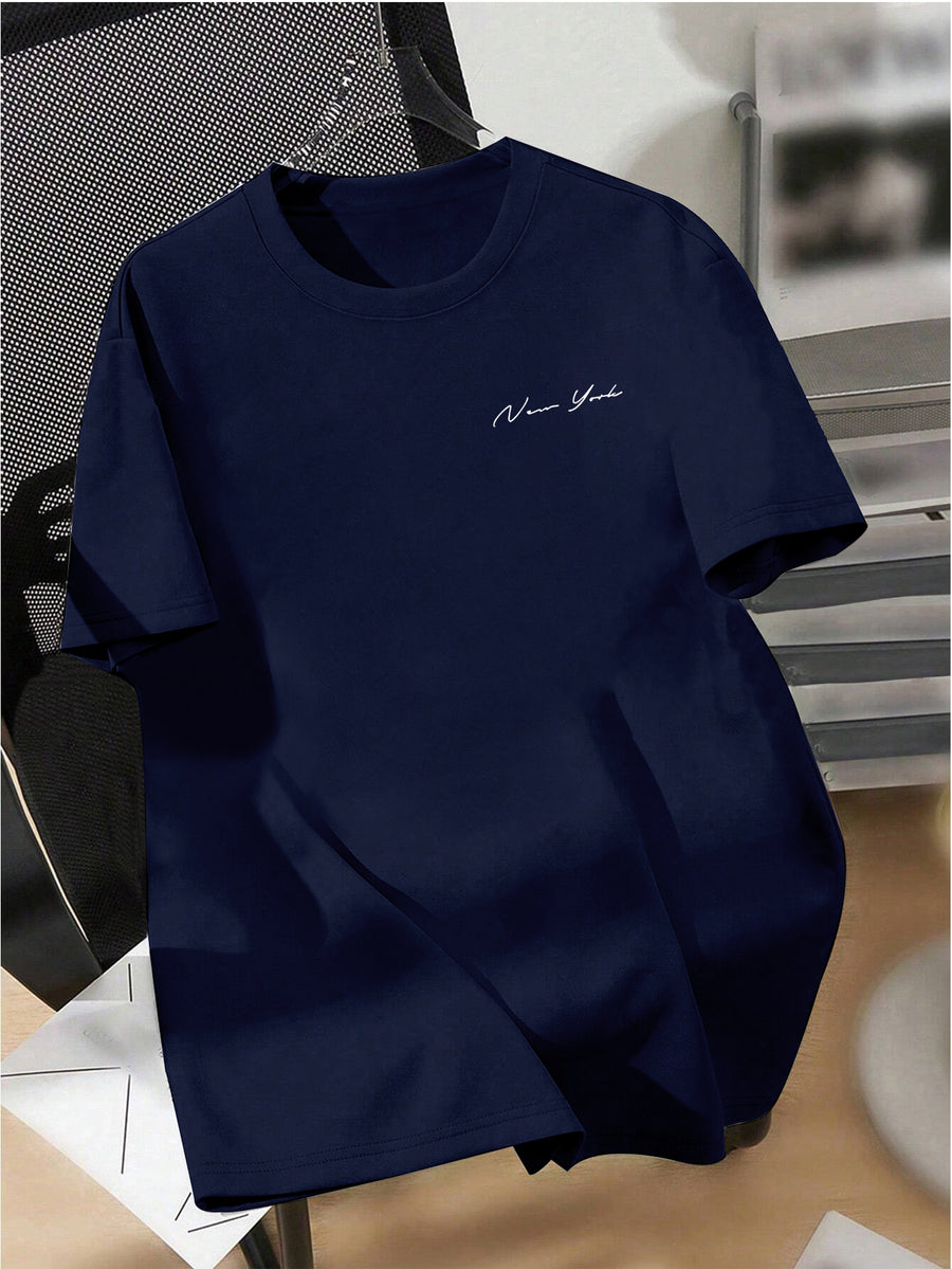 Men' New York Letter Print T-Shirt - Minimalist Round Neck Short Sleeve Tee with, Machine Washable Casual Basic Shirt Suitable for Summer, Office & Casual Attire, Non- Regular Fit for Men - Navy Color