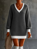 Women's Long Sleeve V-Neck Colorblock Sweater Dress, Made of Comfortable, Soft, and Skin-friendly Fabric, with a Three-dimensional Cut for an Elegant, Comfortable, Simple, and Graceful Look - Grey