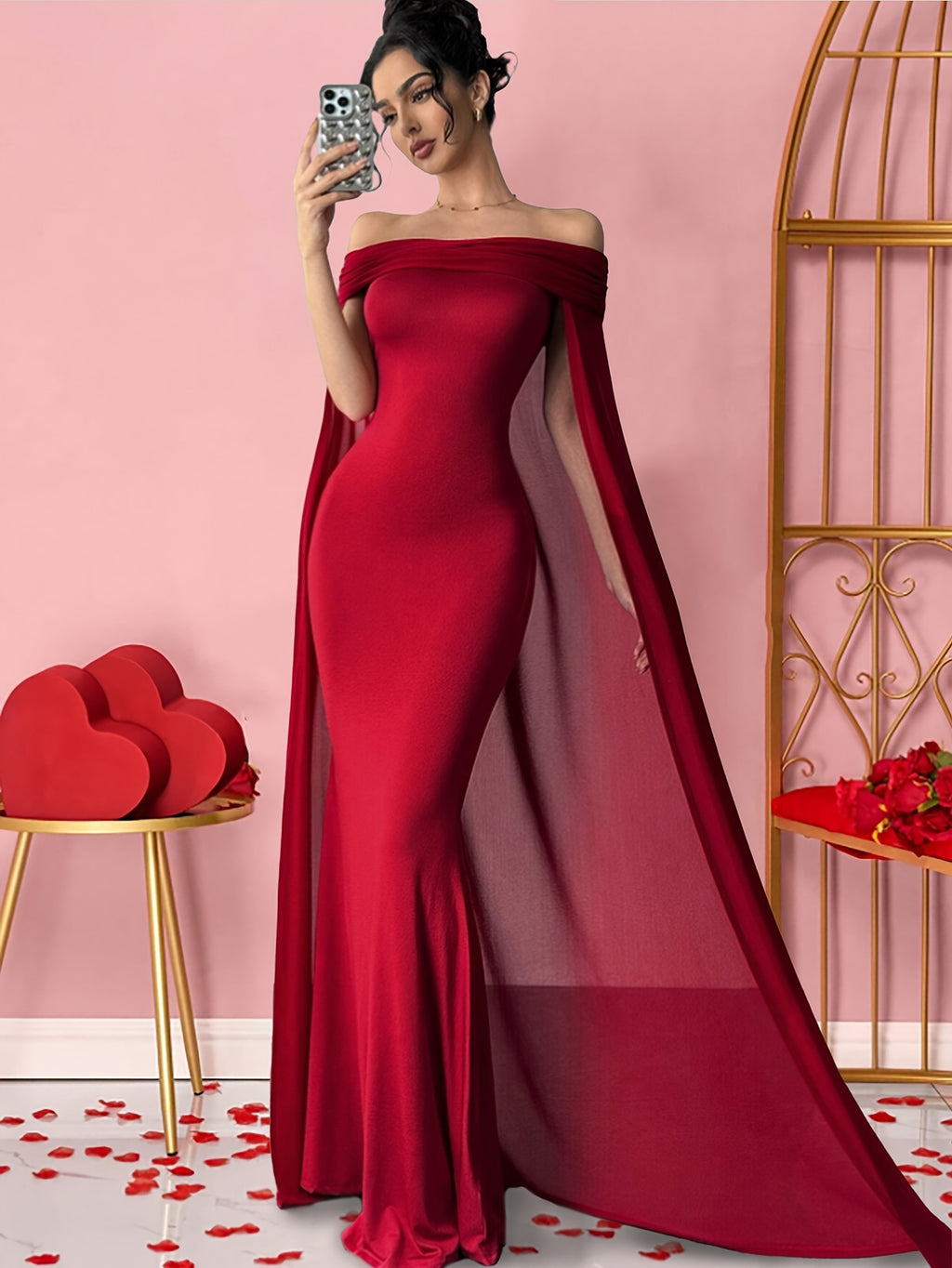 Elegant Women's Party Christmas Romantic Fashion Commute Evening Wine Red Off-Shoulder Long Cardigan Dress, Wine Red Elegant One-Shoulder Long Shawl Maxi Slim Dress, Elegant Women's Drop Collar Mermaid Fit Dress, Women's Christmas Outfit, Valentine's - Burgundy