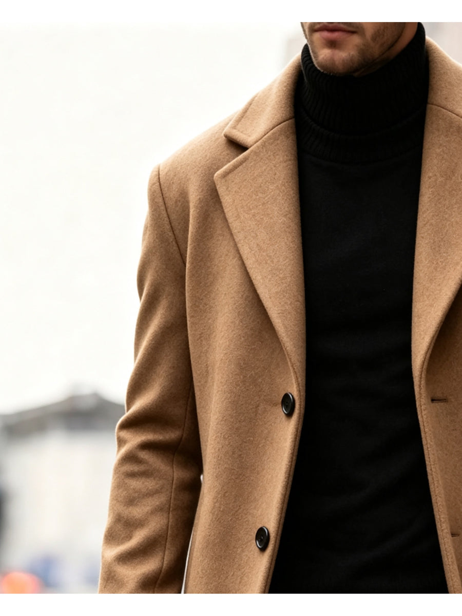 Men's Long Tweed Overcoat, European and American Style Suit Lapel Single-Breasted Slim Fit Blend Coat, Autumn/Winter Windproof and Warm Business Men's Wear, Multiple Colors Available, 100% Polyester - Khaki