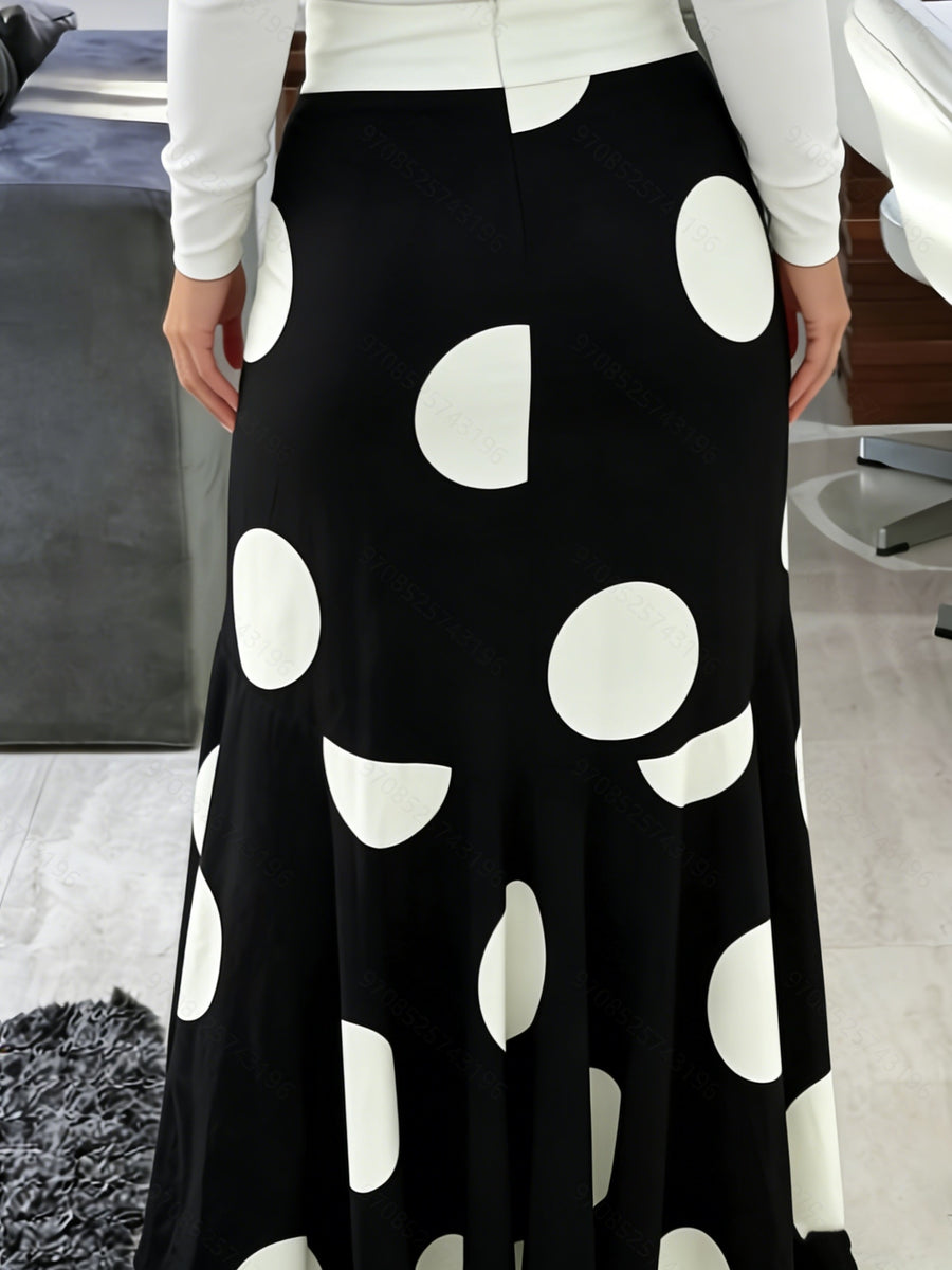 2025 Latest Women'S Elegant, Easy, Versatile, Atmospheric, Fashionable, And Commuting Polka Dot Print Irregular Ruffle Large Swing Midi Skirt, Suitable for Daily Wear And Dating, Suitable for Spring, Summer And Autumn, Can Be Worn in Three Seasons - Black