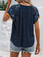 V-Neck Tie-Sleeve Short-Sleeve Floral Print Top - Blue