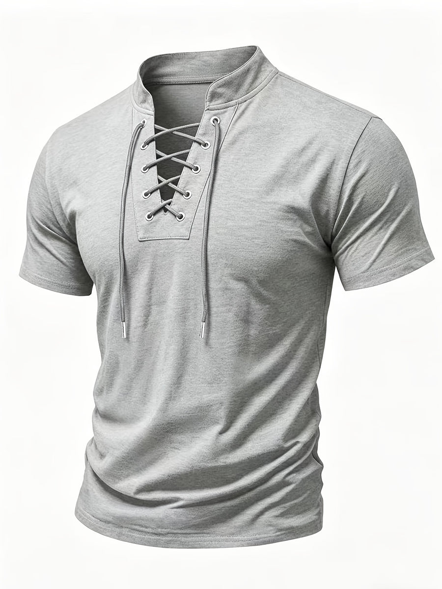 Men's Casual Drawstring Stand Collar Short Sleeve - Light Grey