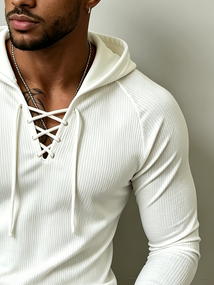 European and American Style Men's Houndstooth Hooded Long Sleeve T-Shirt with Criss-Cross Lace-Up Deep V, Solid Color Stretchy Body-Hugging Sport Hoodie, Versatile Everyday Pullover - White