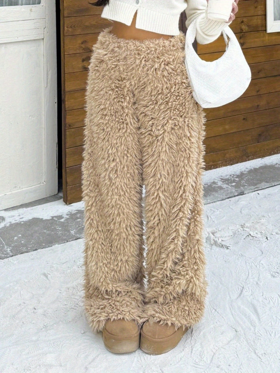Women'S Solid Color Plush Comfortable Warm Autumn And Winter Home Y2K Casual Fluffy Wide-Leg Pants - Tawny