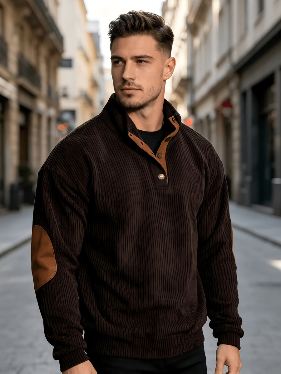 Men'S 2pcs Corduroy Pullover Sweatshirt Set, Half-Button Stand Collar Long Sleeve Top with Elbow Patchwork, Retro Vertical Texture Fabric, Loose Fit Soft Warm Comfortable Pullover Sweater, Suitable for Autumn/Winter Casual Wear - Coffee + Apricot