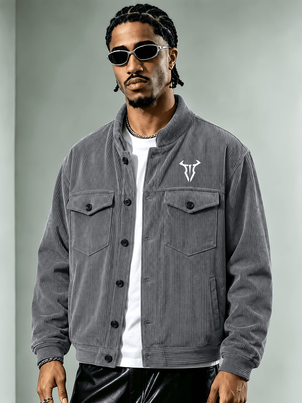 Men'S Corduroy Jacket, Autumn Winter Retro Stand Collar Long Sleeve Coat, Double Pocket Cow Head Print Cargo Casual Top, Loose All-Match Street Style Men'S Jacket - Dark Gray