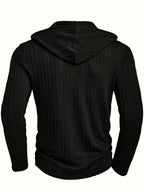 Men's Fashion Casual Textured Solid Color Long Sleeve Hooded Drawstring Button Henley Shirt for Autumn and Winter, New Season - Black