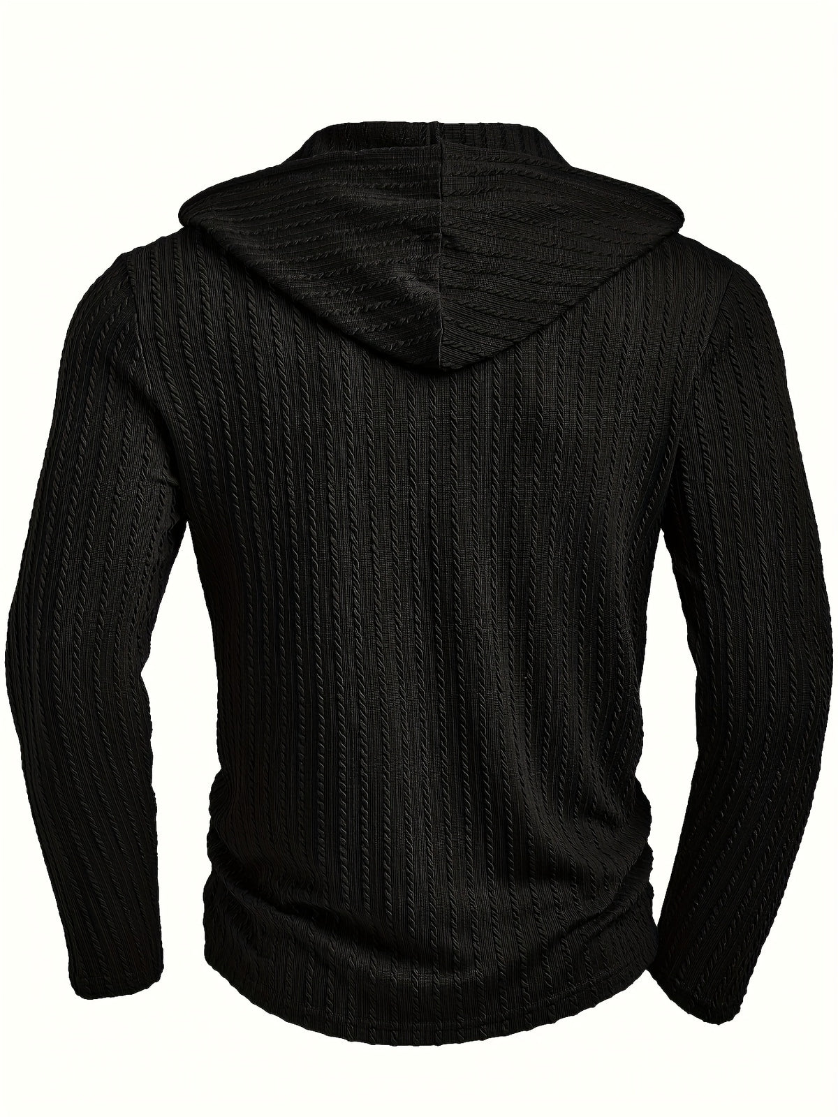 Men's Fashion Casual Textured Solid Color Long Sleeve Hooded Drawstring Button Henley Shirt for Autumn and Winter, New Season - Black