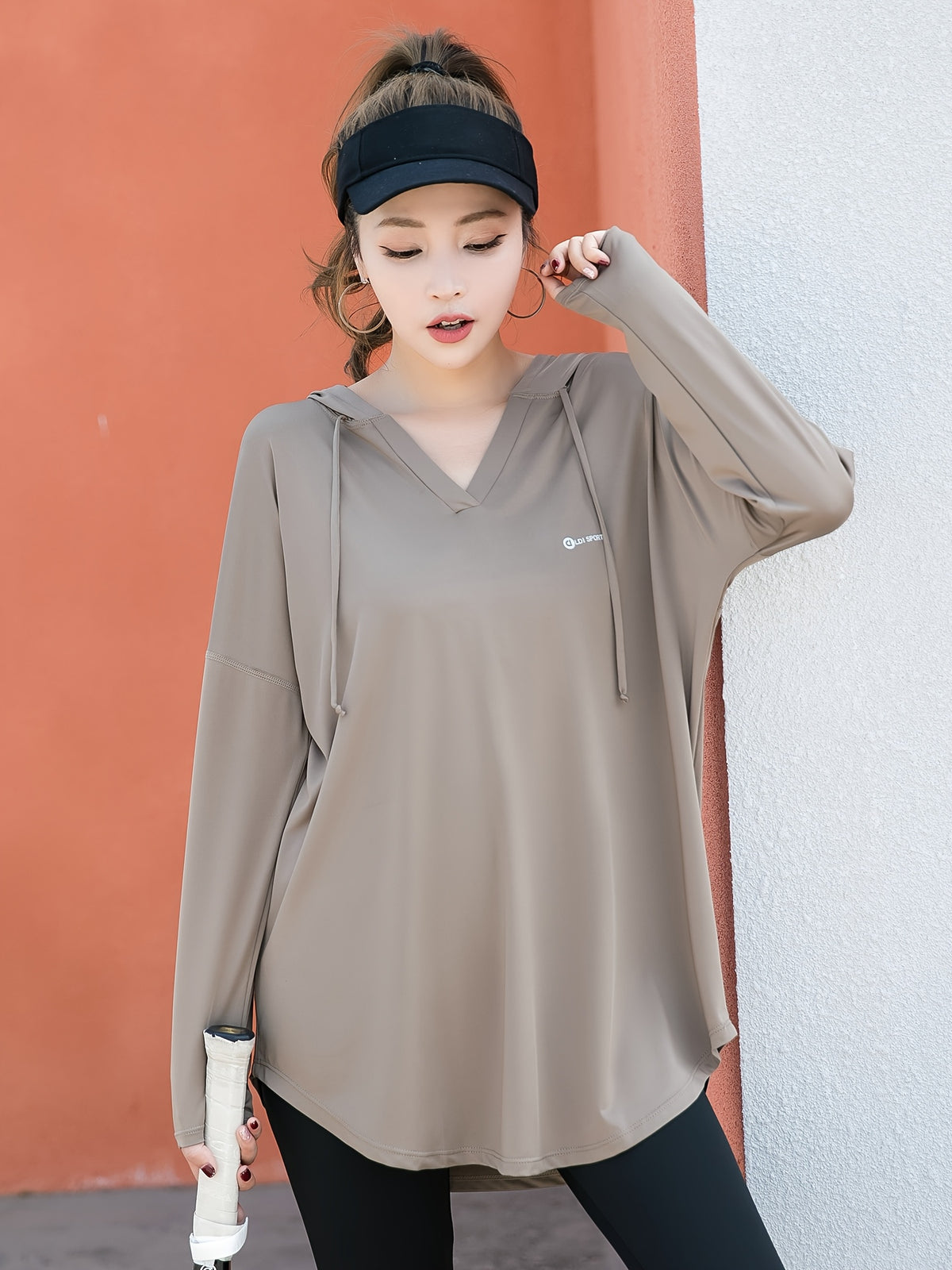 Plus Size, 1pc Women's Fashion Pullover Hoodie, Casual Plus-Size T-Shirt, Swear, Loose Cover-Up Shirt for, Long Sleeve, Conceals Figure - Khaki