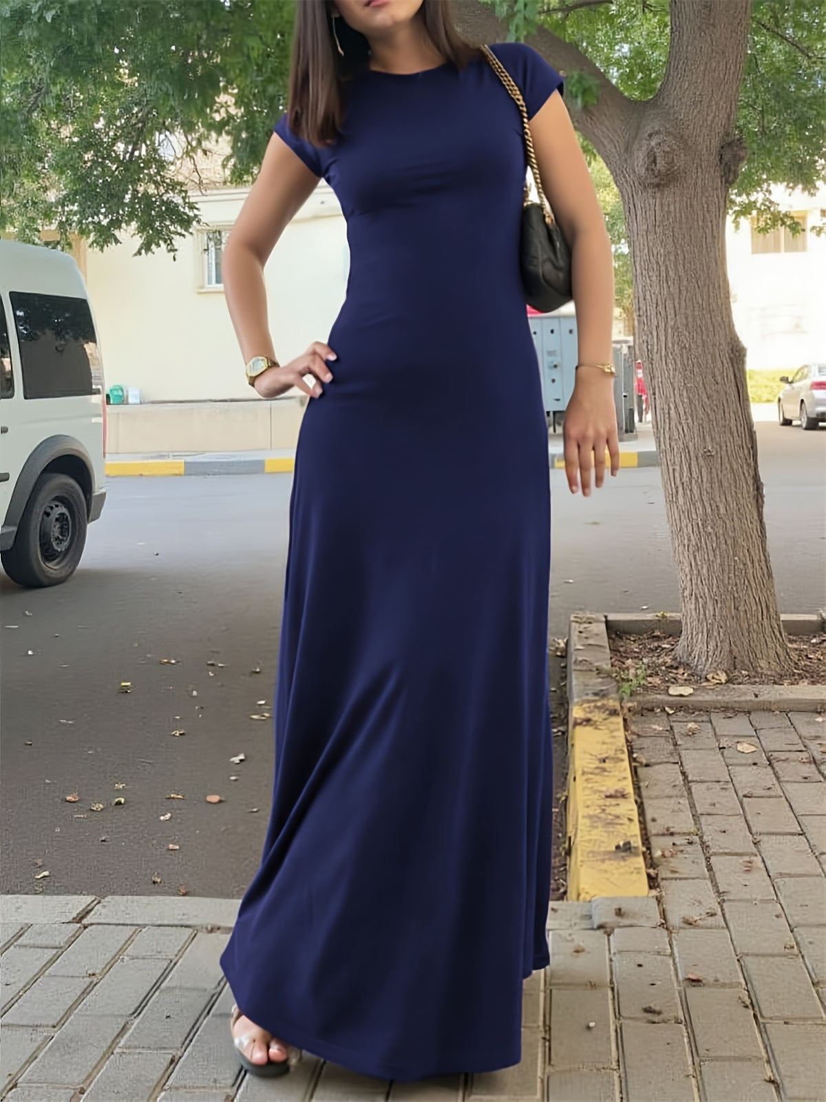 Summer A-Line Hem Long Skirt, Women'S Solid Color Round Neck Elegant Party Long Dress, Slim Fit Blue Long Skirt - Navy Color