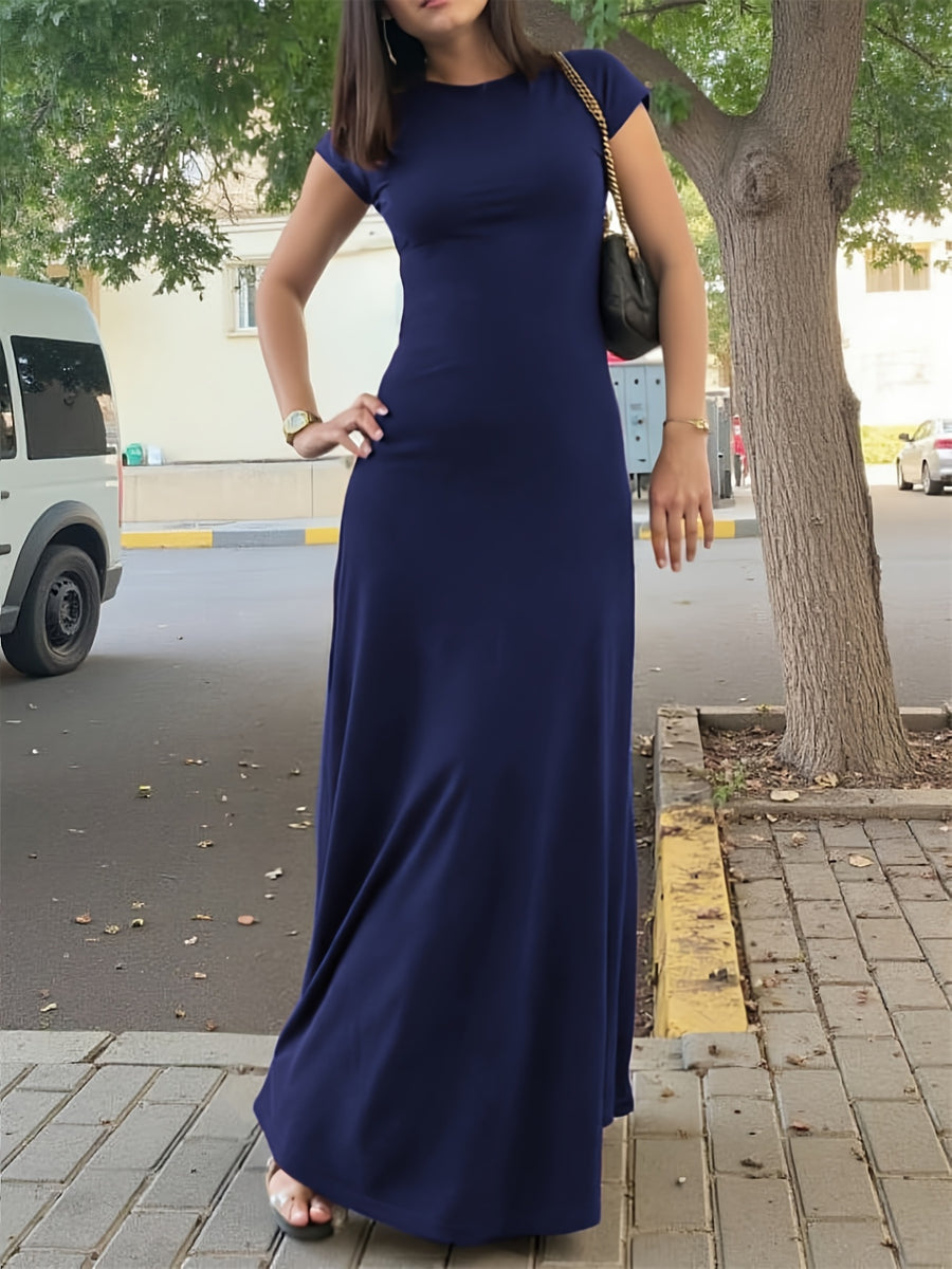 Summer A-Line Hem Long Skirt, Women'S Solid Color Round Neck Elegant Party Long Dress, Slim Fit Blue Long Skirt - Navy Color