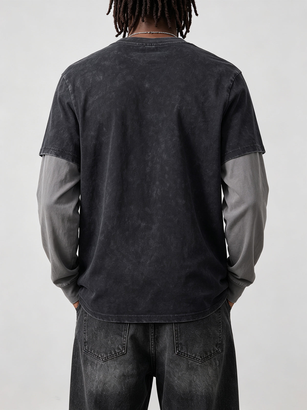 Men'S Faux Two-Piece Long Sleeve T-Shirt, Vintage Washed Easy Design Statement Print Contrast Gray Sleeve Top, American Street Loose Casual Long Sleeve T-Shirt - Black