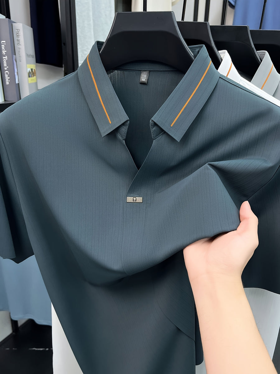 Men'S Seamless Short-Sleeved Polo, Summer Color-Block Ruffled Collar, Breathable Iron-Free Business Solid Color Casual Shirt - Maoqing