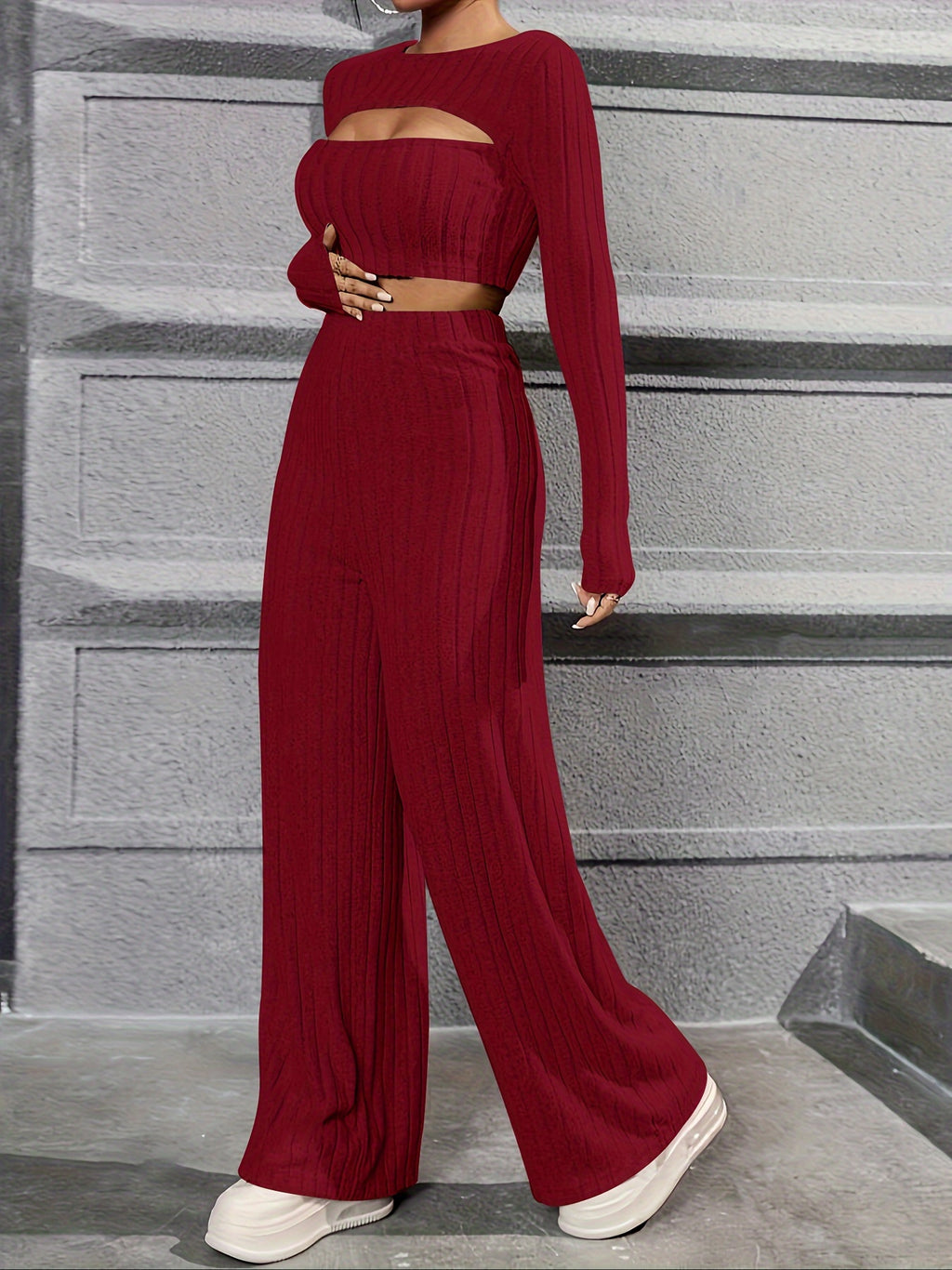 Elegant Directional Women'S Long-Sleeve T-Shirt And Casual Long Pants Set - Burgundy