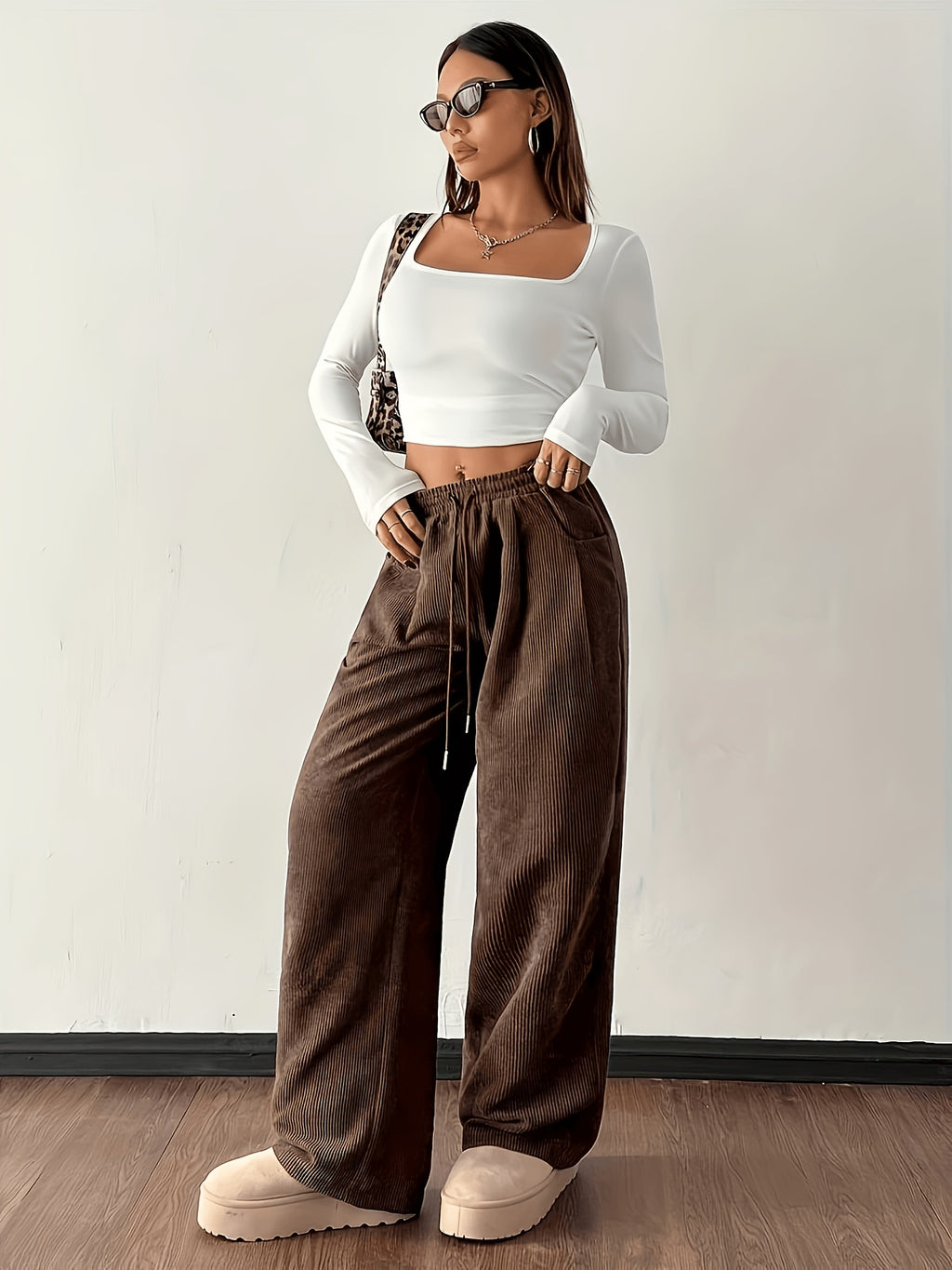 Women'S Retro Corduroy Loose Straight-Leg Trousers, Autumn Winter Street Style Casual Wide-Leg Pants, Casual Wide-Leg Trousers, Adjustable Drawstring Waistband LL256 - Dark Brown