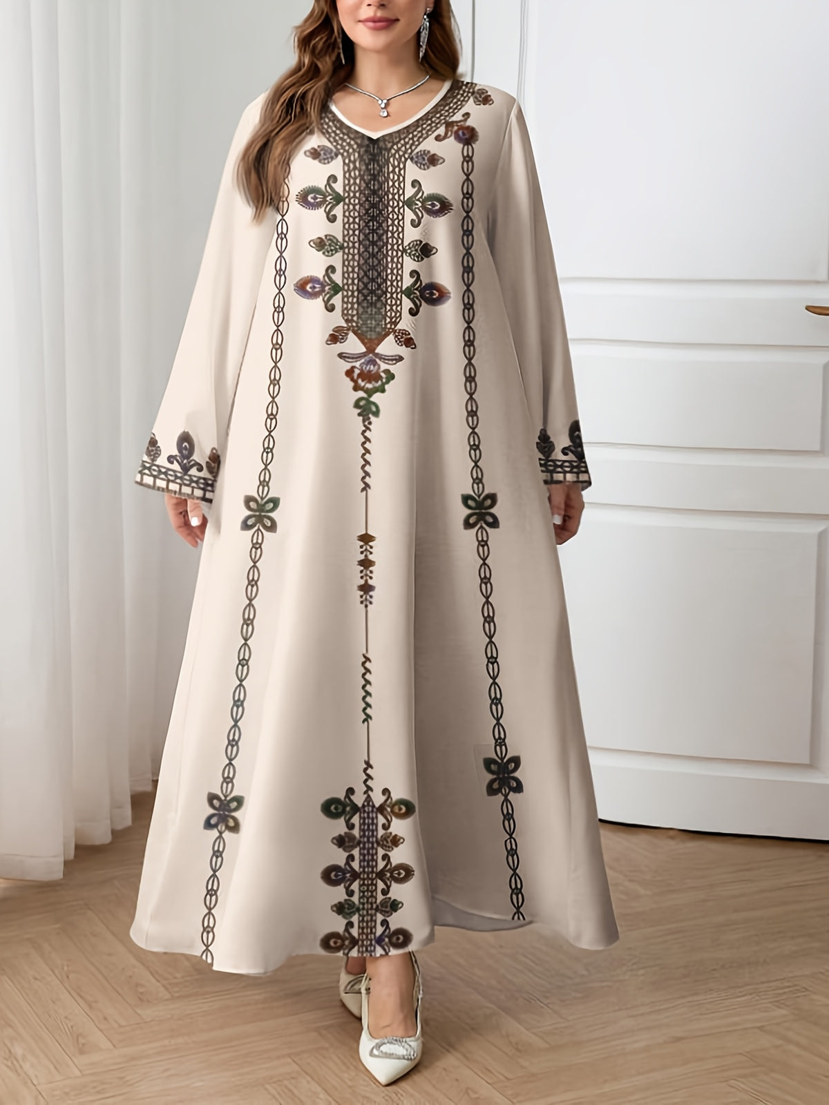 2026 Middle Eastern Elegant Robe Spring And Autumn New Arrival Ethnic Style Printed Long Skirt Ramadan Eid Al-Fitr Eid Al-Adha Temperament Commuting Loose And Comfortable Vacation Style Long Sleeve Dress 1 - Apricot